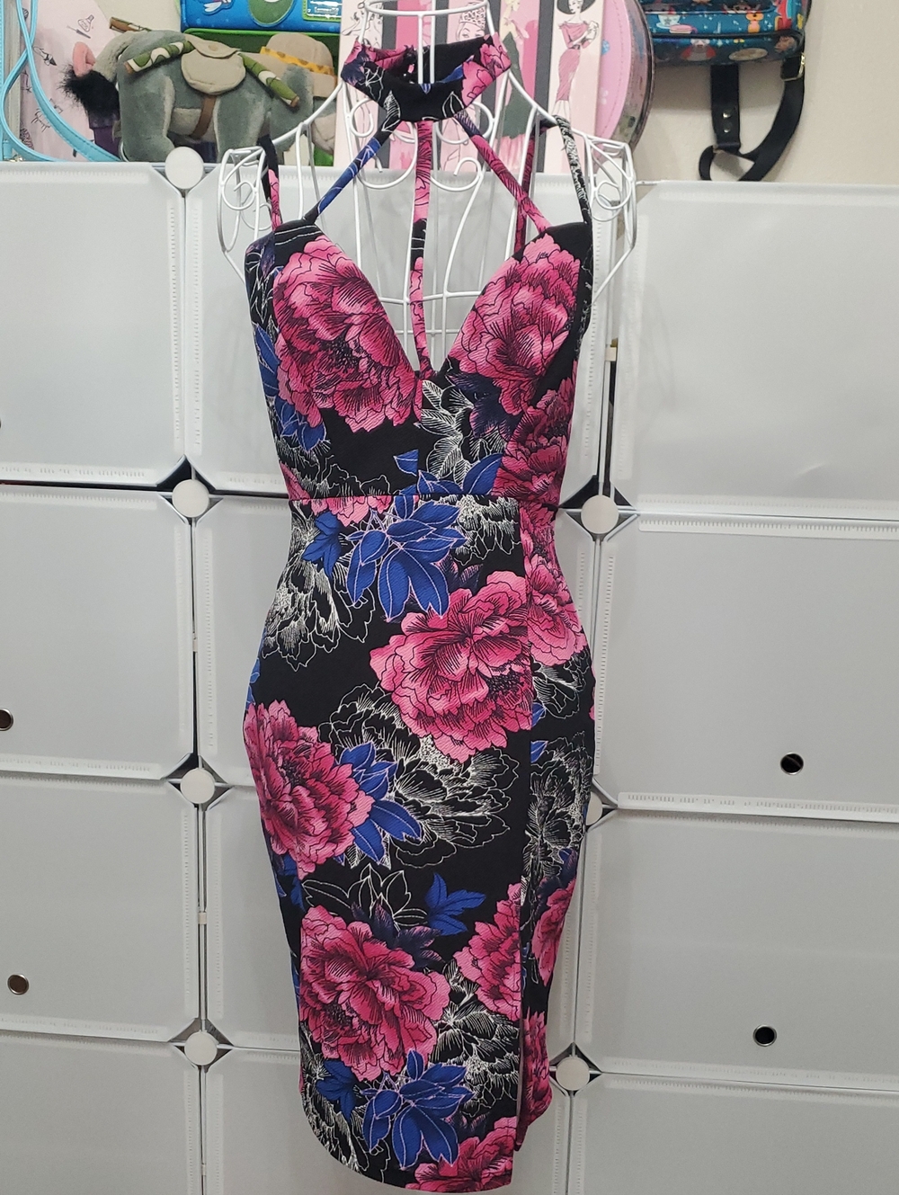 Charlotte Russe Black Floral Bodycon Dress with Pink and Blue Flowers